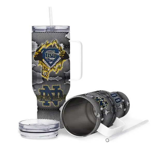 personalized notre dame fighting irish superman shield navy gray curved tumbler high quality.webp