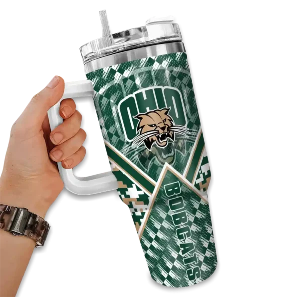 personalized ohio bobcats chevron angle green curved tumbler fashion forward.webp