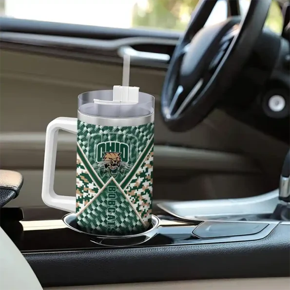 personalized ohio bobcats chevron angle green curved tumbler trendy.webp