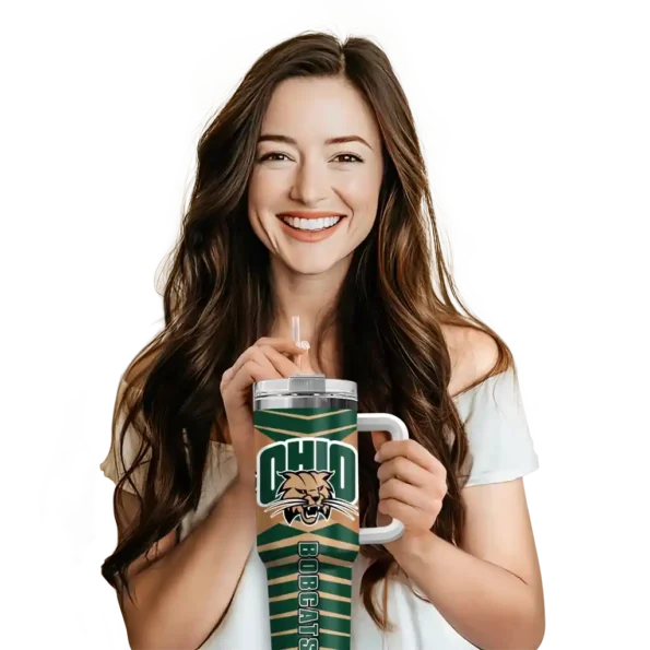 personalized ohio bobcats chevron layers green curved tumbler premium grade.webp