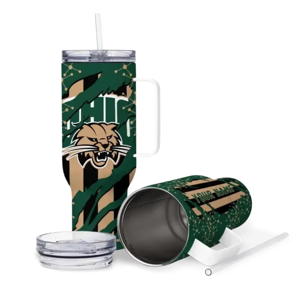 personalized ohio bobcats claw cut green black curved tumbler high quality.webp