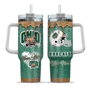 personalized ohio bobcats heart helmet motif green curved tumbler best selling.webp