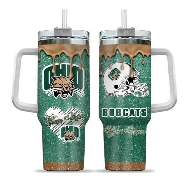 personalized ohio bobcats heart helmet motif green curved tumbler best selling.webp