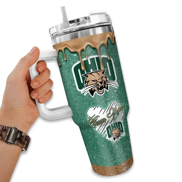 personalized ohio bobcats heart helmet motif green curved tumbler fashion forward.webp
