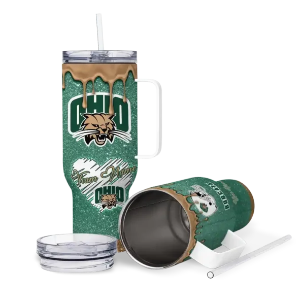personalized ohio bobcats heart helmet motif green curved tumbler high quality.webp