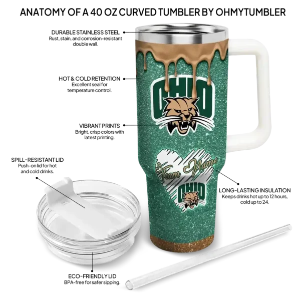personalized ohio bobcats heart helmet motif green curved tumbler new arrival.webp