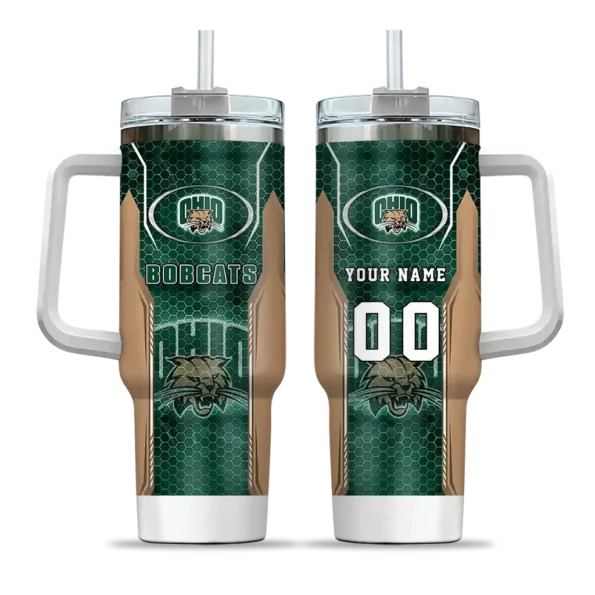 personalized ohio bobcats hexagon armor green curved tumbler best selling.webp