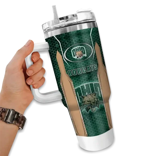 personalized ohio bobcats hexagon armor green curved tumbler fashion forward.webp