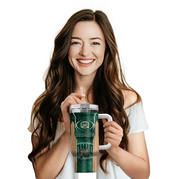 personalized ohio bobcats hexagon armor green curved tumbler premium grade.webp