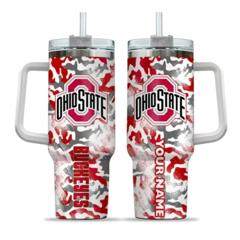 personalized ohio state buckeyes camo mashup scarlet white curved tumbler best selling.webp