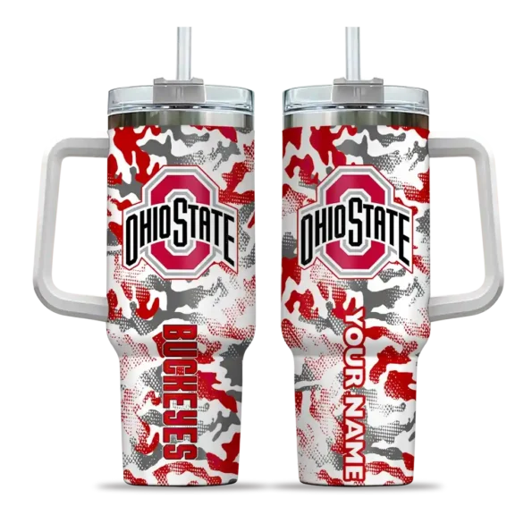 personalized ohio state buckeyes camo mashup scarlet white curved tumbler best selling.webp
