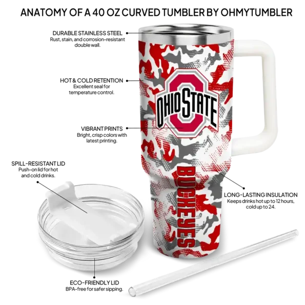 personalized ohio state buckeyes camo mashup scarlet white curved tumbler new arrival.webp