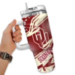 personalized oklahoma sooners abstract paths crimson curved tumbler best selling.webp