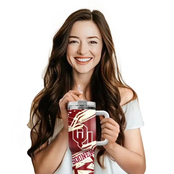 personalized oklahoma sooners abstract paths crimson curved tumbler premium grade.webp