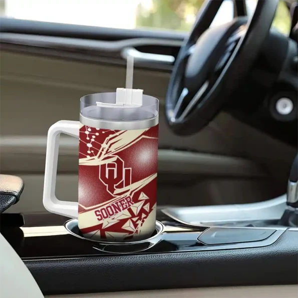 personalized oklahoma sooners abstract paths crimson curved tumbler trendy.webp