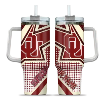 personalized oklahoma sooners arrow burst crimson curved tumbler best selling.webp