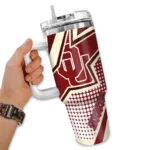 personalized oklahoma sooners arrow burst crimson curved tumbler best selling.webp