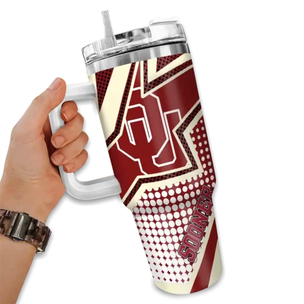 personalized oklahoma sooners arrow burst crimson curved tumbler fashion forward.webp