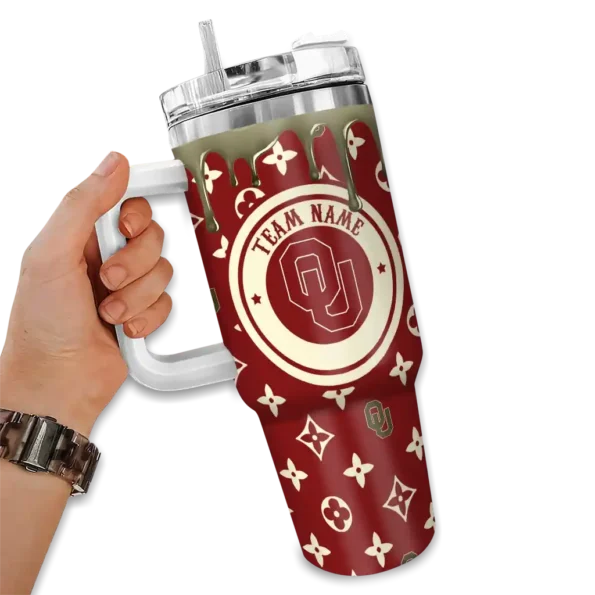 personalized oklahoma sooners bullseye drips crimson curved tumbler fashion forward.webp