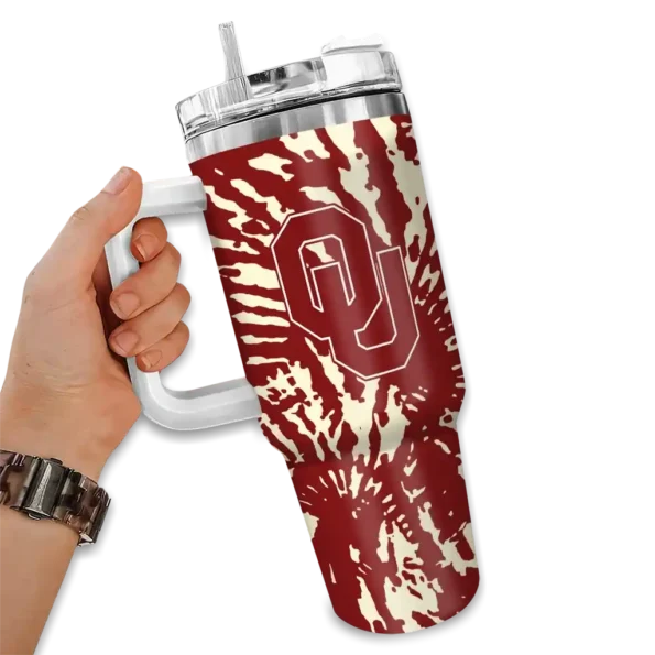 personalized oklahoma sooners burst swirl crimson curved tumbler fashion forward.webp