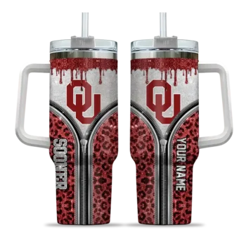personalized oklahoma sooners leopard zipper crimson curved tumbler best selling.webp