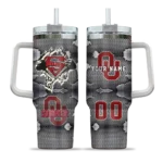 personalized oklahoma sooners superman shield crimson gray curved tumbler best selling.webp