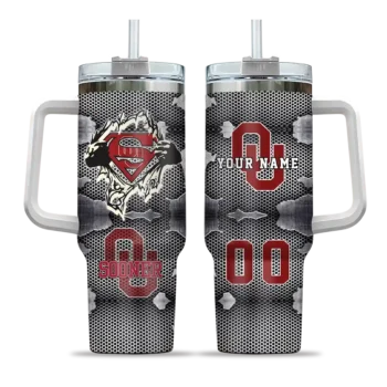 personalized oklahoma sooners superman shield crimson gray curved tumbler best selling.webp