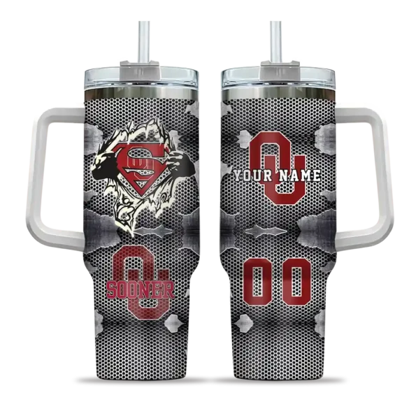 personalized oklahoma sooners superman shield crimson gray curved tumbler best selling.webp