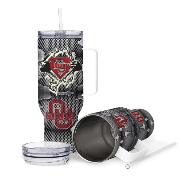 personalized oklahoma sooners superman shield crimson gray curved tumbler high quality.webp