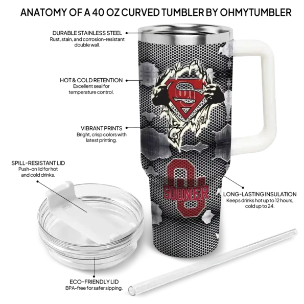 personalized oklahoma sooners superman shield crimson gray curved tumbler new arrival.webp