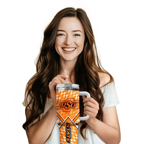 personalized oklahoma state cowboys chevron angle orange curved tumbler premium grade.webp