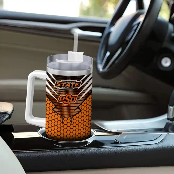 personalized oklahoma state cowboys hex texture orange curved tumbler trendy.webp