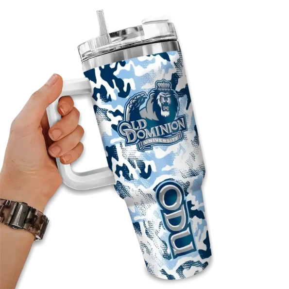 personalized old dominion monarchs camo mashup blue white curved tumbler fashion forward.webp