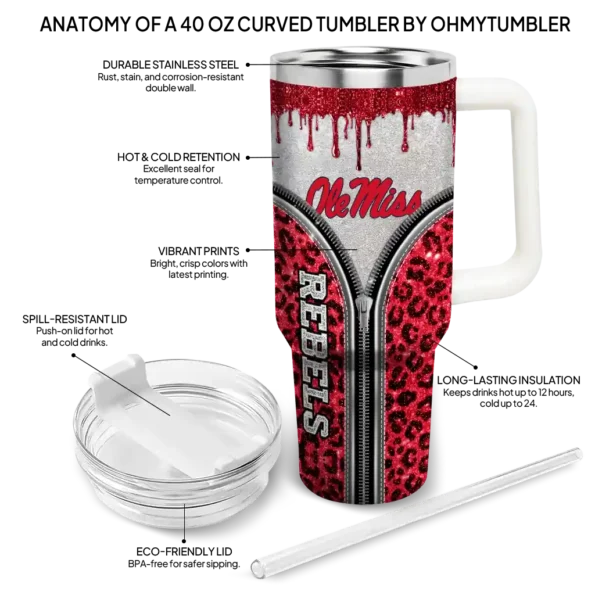 personalized ole miss rebels leopard zipper red curved tumbler new arrival.webp