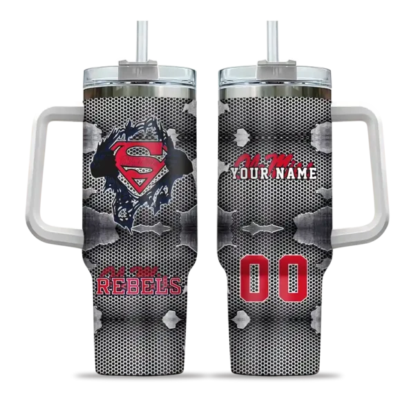 personalized ole miss rebels superman shield red gray curved tumbler best selling.webp