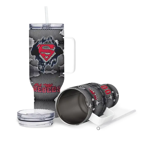 personalized ole miss rebels superman shield red gray curved tumbler high quality.webp
