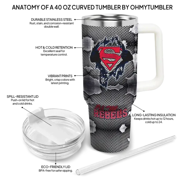 personalized ole miss rebels superman shield red gray curved tumbler new arrival.webp