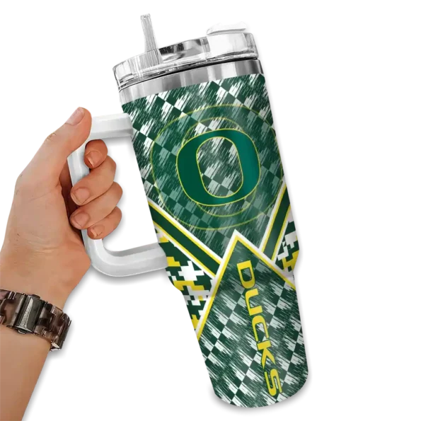 personalized oregon ducks chevron angle green curved tumbler fashion forward.webp