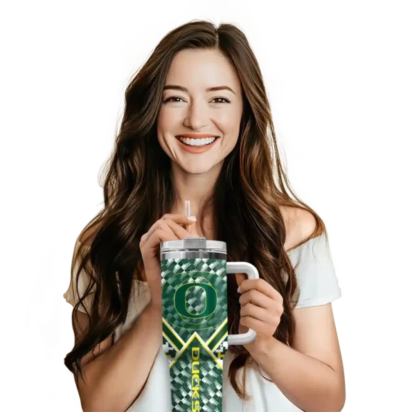 personalized oregon ducks chevron angle green curved tumbler premium grade.webp