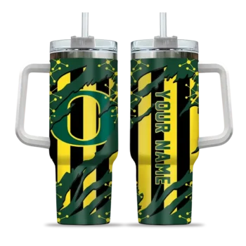 personalized oregon ducks claw cut green black curved tumbler best selling.webp