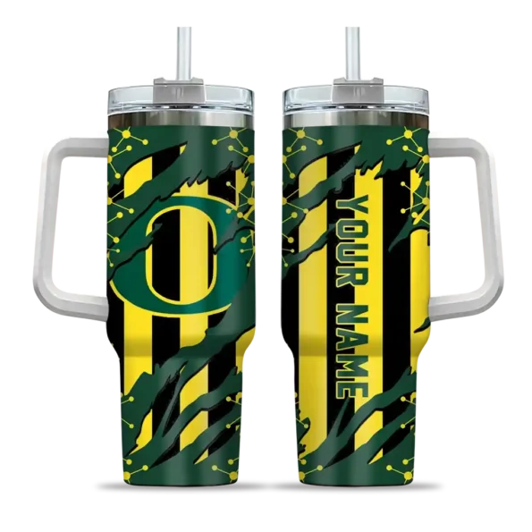 personalized oregon ducks claw cut green black curved tumbler best selling.webp