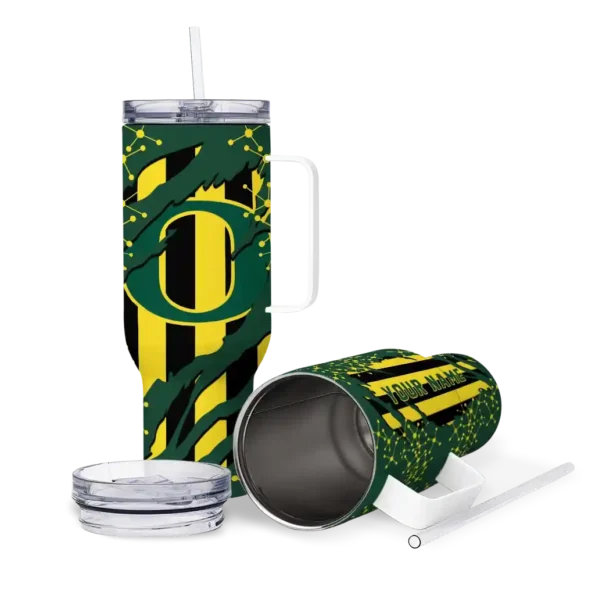 personalized oregon ducks claw cut green black curved tumbler high quality.webp