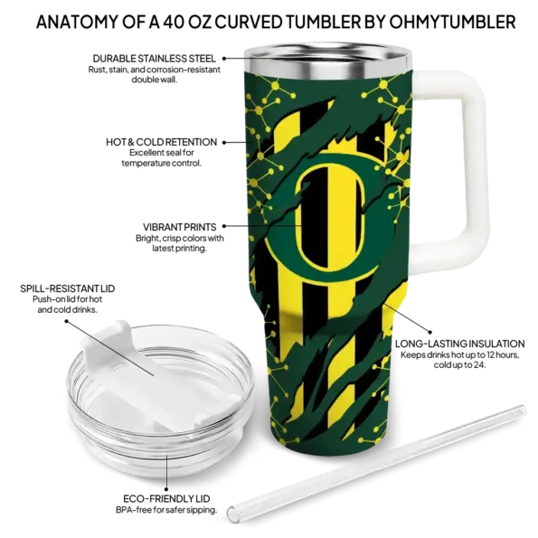 personalized oregon ducks claw cut green black curved tumbler new arrival.webp