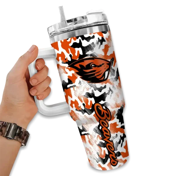 personalized oregon state beavers camo mashup orange white curved tumbler fashion forward.webp