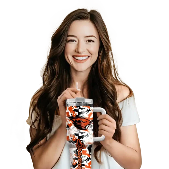 personalized oregon state beavers camo mashup orange white curved tumbler premium grade.webp