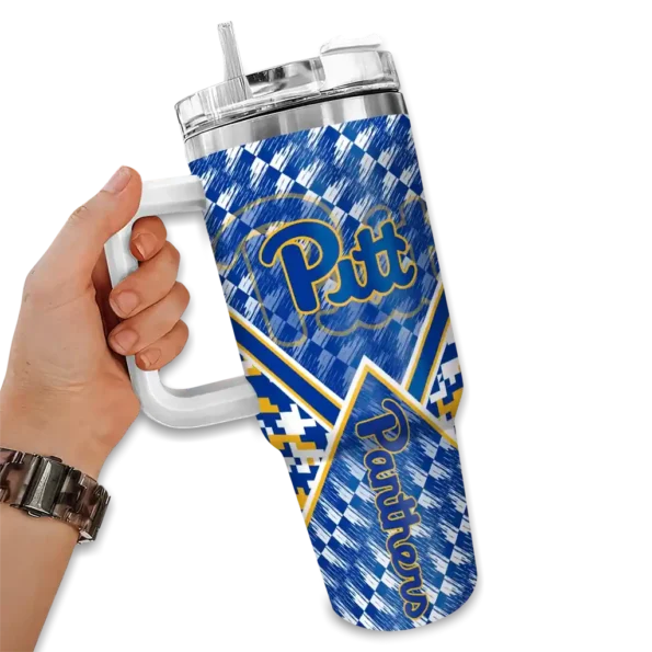 personalized pittsburgh panthers chevron angle royal blue curved tumbler fashion forward.webp