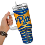 personalized pittsburgh panthers chevron layers royal blue curved tumbler best selling.webp