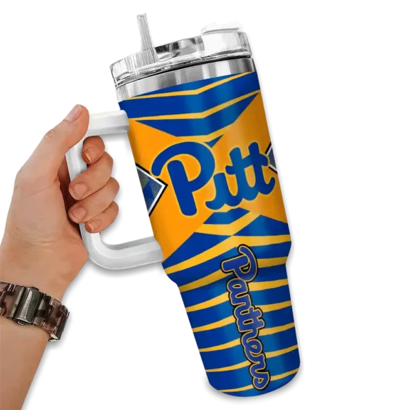 personalized pittsburgh panthers chevron layers royal blue curved tumbler fashion forward.webp