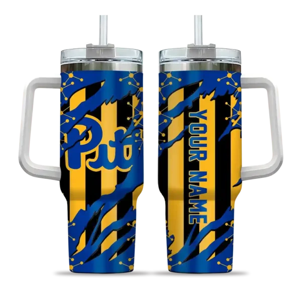 personalized pittsburgh panthers claw cut royal blue black curved tumbler best selling.webp