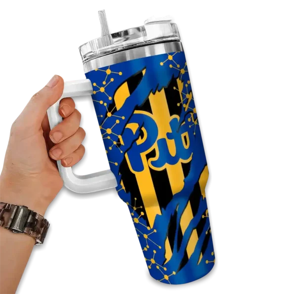 personalized pittsburgh panthers claw cut royal blue black curved tumbler fashion forward.webp